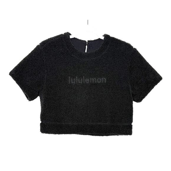 Lululemon Textured Fleece Embroidered Logo T-Shirt Women 4 Black Activewear - Picture 1 of 7